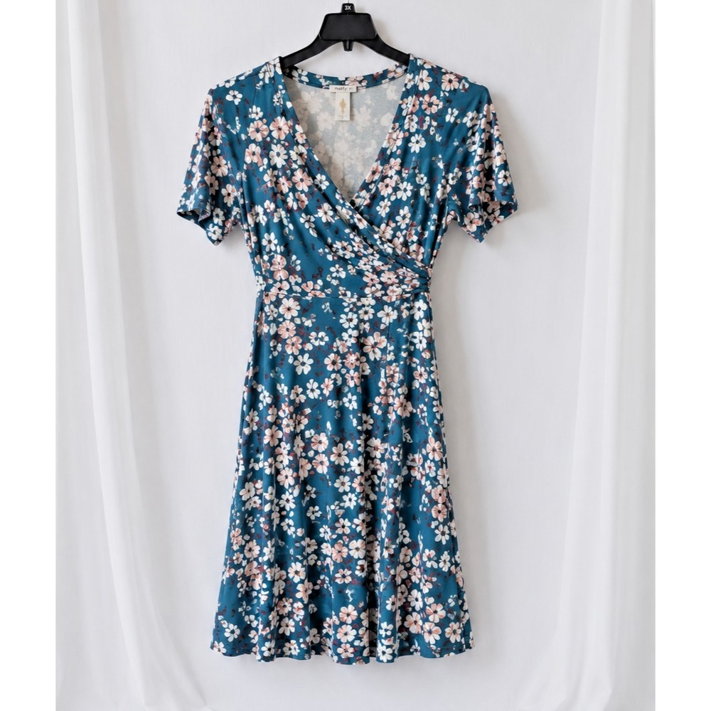Matty M Faux Wrap Dress Floral Short Sleeve Size M Blue Pink Midi Stretch